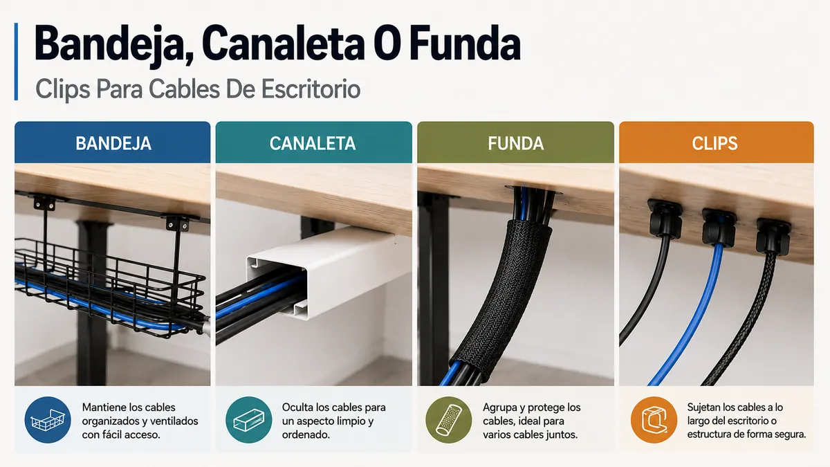Comparativa de bandeja, canaleta, funda y clips para ordenar cables en un escritorio