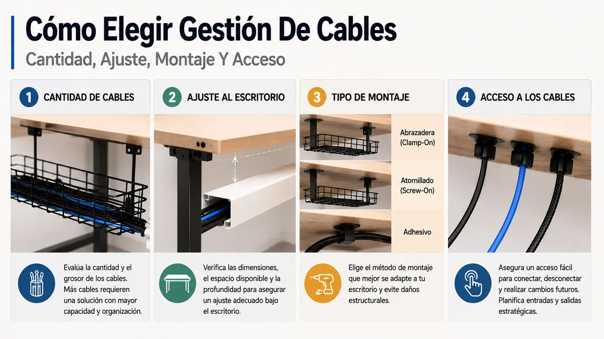 Elección de un sistema de gestión de cables para escritorio según cantidad de cables, ajuste, montaje y acceso