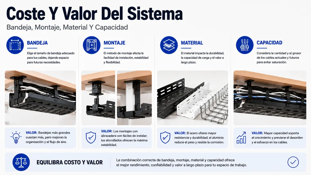 Factores de coste de un sistema de gestión de cables para escritorio según tamaño de bandeja, montaje, material y capacidad