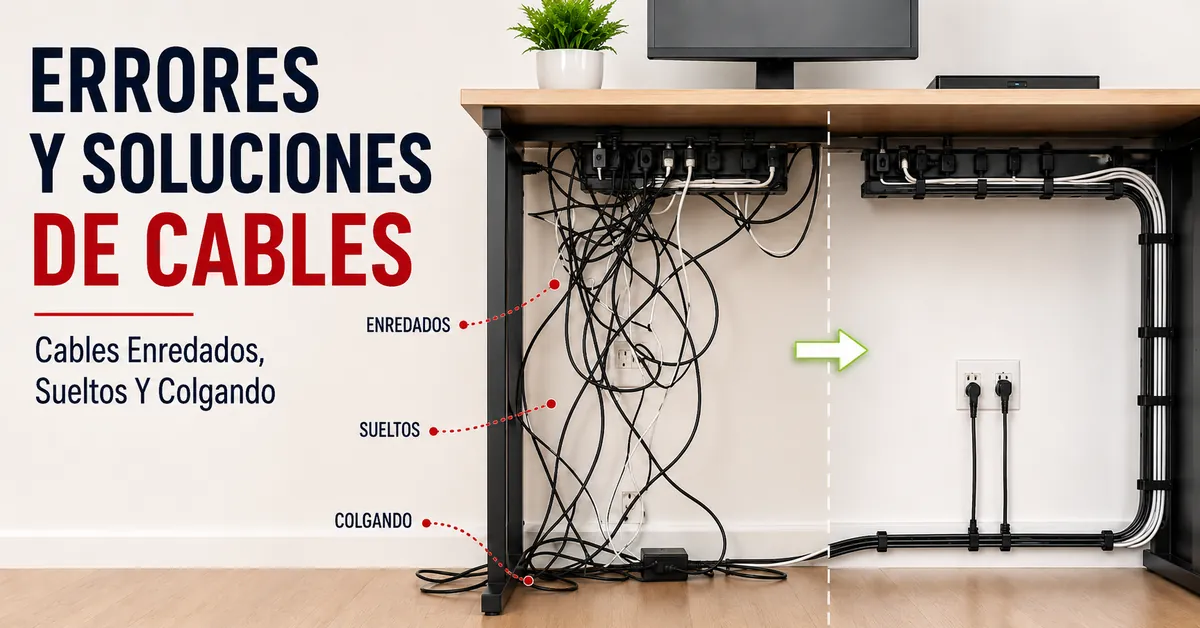 Problemas de gestión de cables en el escritorio con cables enredados, sueltos y colgando que se están corrigiendo