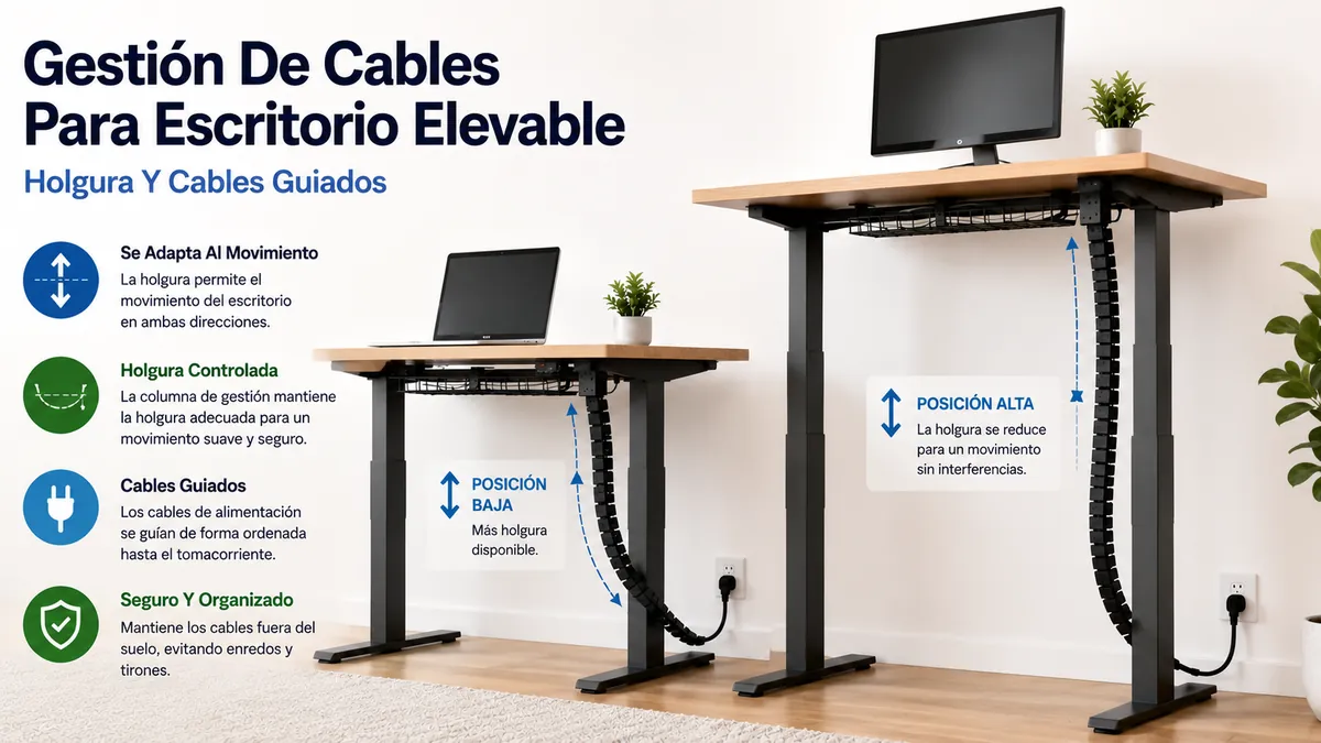 Sistema de gestión de cables para escritorio elevable con holgura para el cambio de altura y cables guiados