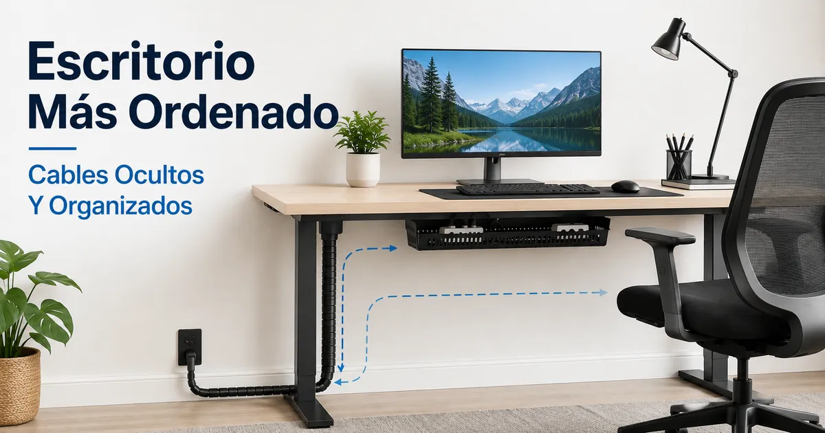 Escritorio más ordenado con un sistema de gestión de cables que oculta cables visibles y organiza los cables bajo la mesa