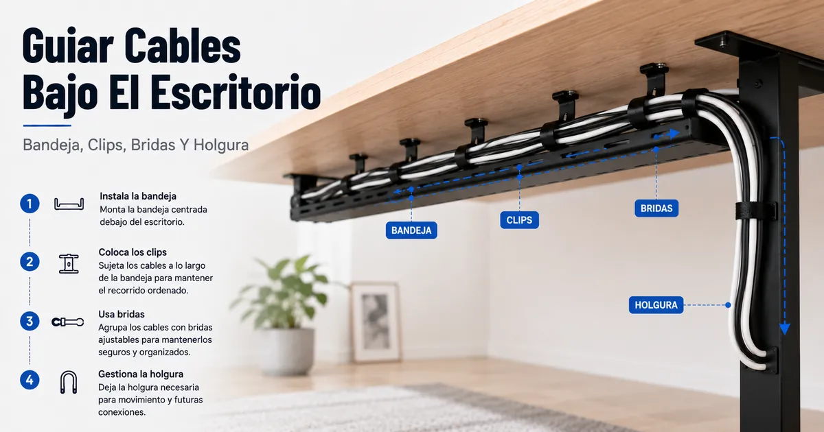 Cables guiados bajo un escritorio con bandeja de gestión de cables, clips, bridas y holgura controlada
