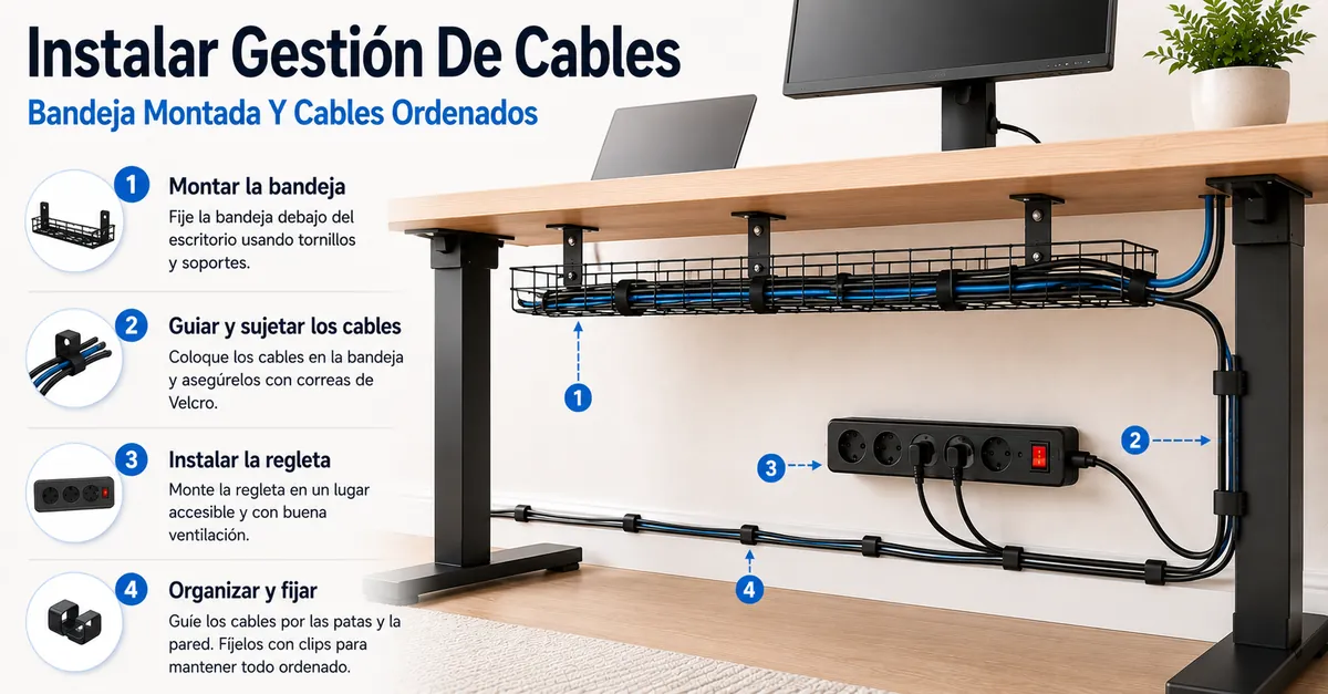 Instalación de un sistema de gestión de cables bajo el escritorio con bandeja montada y cables ordenados
