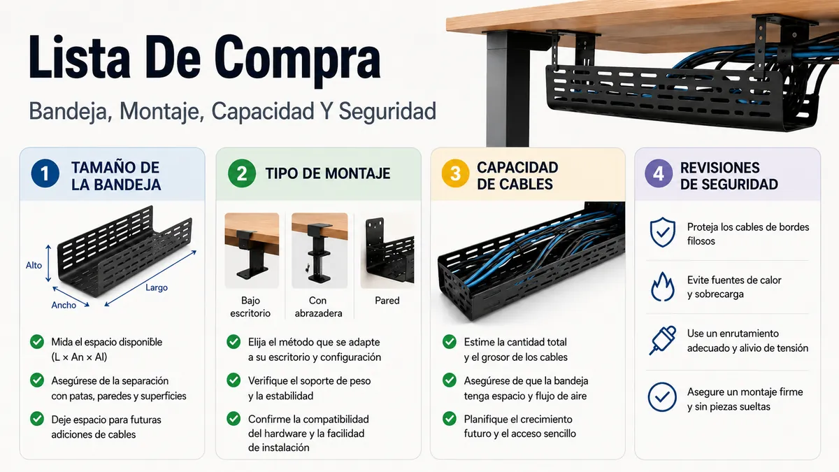 Lista de compra de un sistema de gestión de cables para escritorio con tamaño de bandeja, tipo de montaje, capacidad y seguridad