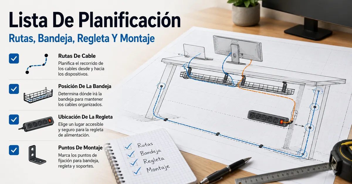 Lista de planificación para un sistema de gestión de cables con rutas, posición de bandeja, regleta y puntos de montaje