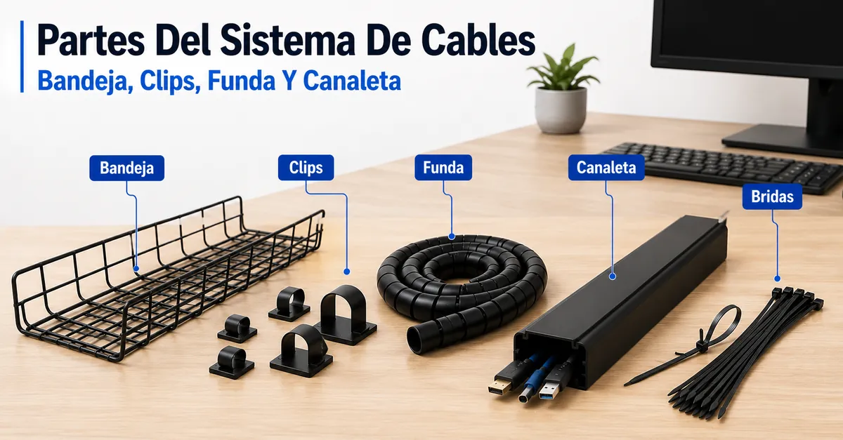 Partes principales de un sistema de gestión de cables para escritorio, como bandeja, clips, funda, canaleta y bridas