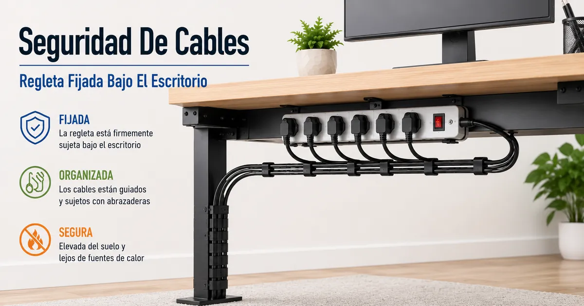 Distribución segura de cables de alimentación y regleta fijada bajo el escritorio
