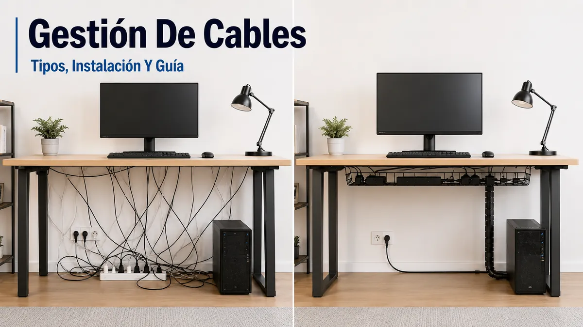 Sistema de gestión de cables para escritorio con bandejas bajo la mesa, cables guiados y puesto de trabajo ordenado
