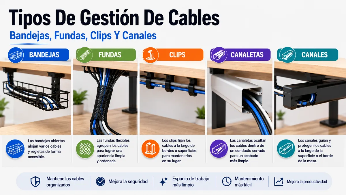 Tipos de sistemas de gestión de cables para escritorio con bandejas, canaletas, fundas, clips y canales