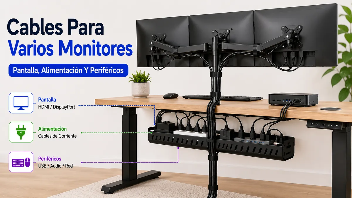 Sistema de gestión de cables para varios monitores con cables de pantalla, alimentación y periféricos agrupados