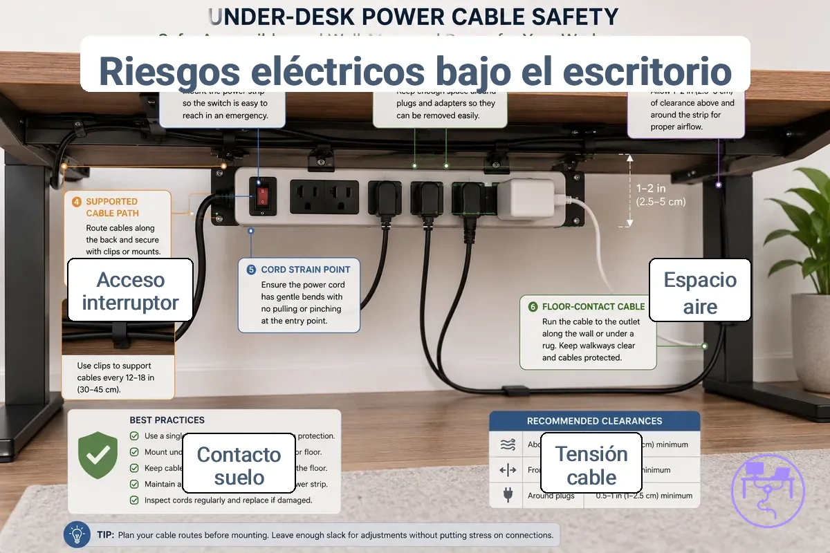 Riesgos eléctricos y físicos en un diseño de cables de alimentación bajo el escritorio