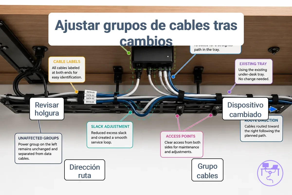 ajuste de gestión de cables para escritorio después de un cambio de dispositivo que muestra grupo de cables cambiado, bandeja existente, etiquetas, holgura y dirección de ruta