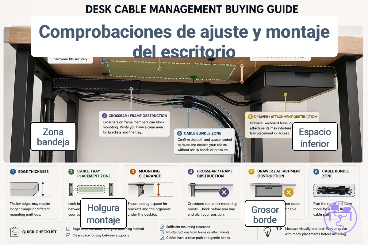 Diagrama de ajuste del escritorio y condiciones de montaje que muestra el espacio libre inferior, el grosor del borde y la colocación de la bandeja para cables.