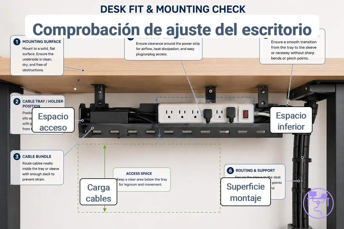 Comprobación del ajuste al escritorio para montar un sistema de gestión de cables bajo una estación de trabajo.