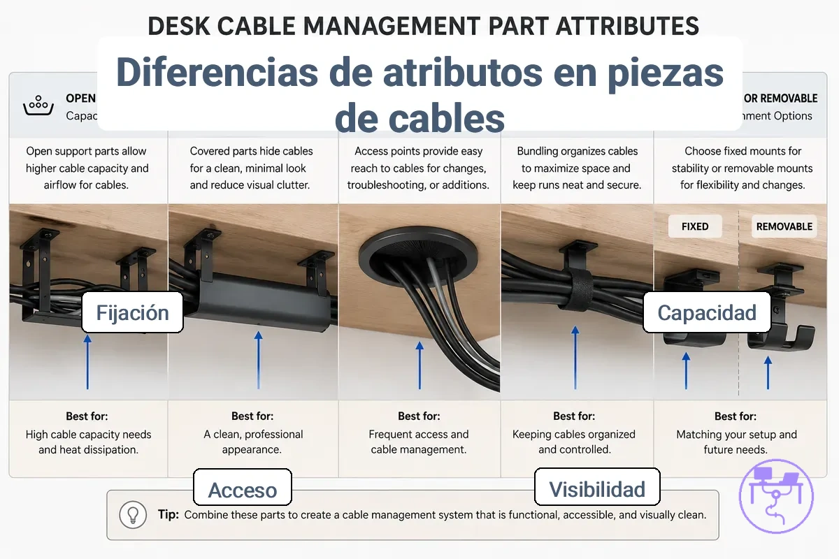 Gráfico comparativo que muestra los atributos de las piezas de gestión de cables para escritorio: capacidad, visibilidad, acceso y fijación