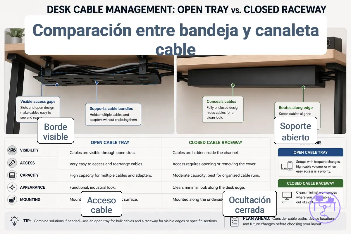 Bandeja para cables vs canaleta para cables para soporte abierto y ocultación cerrada, mostrado con detalles etiquetados del organizador de cables de escritorio