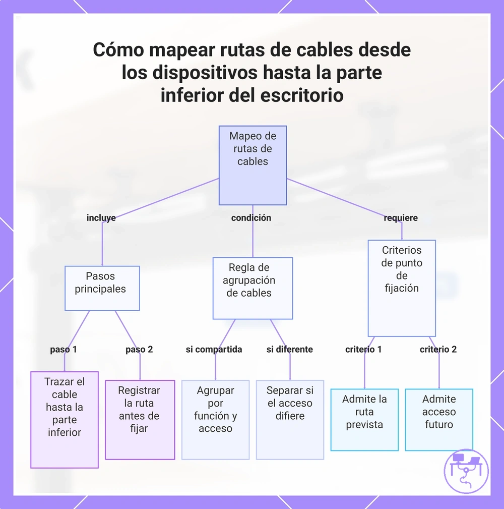 Cómo mapear rutas de cables desde los dispositivos hasta la parte inferior del escritorio