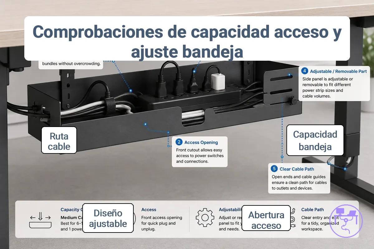 Bandeja bajo escritorio que muestra la capacidad de cables, la abertura de acceso y el espacio ajustable para gestión de cables.