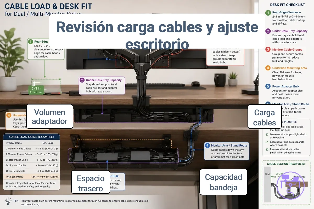 Verificación de carga de cables y ajuste al escritorio para dos monitores que muestra capacidad de bandeja bajo el escritorio, espacio libre en el borde trasero y cables de monitor agrupados