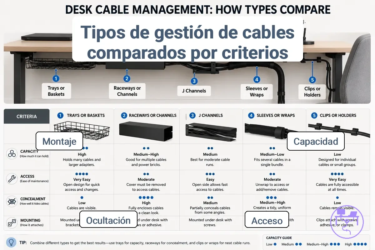 Comparación de tipos de gestión de cables por capacidad, acceso, ocultación y montaje