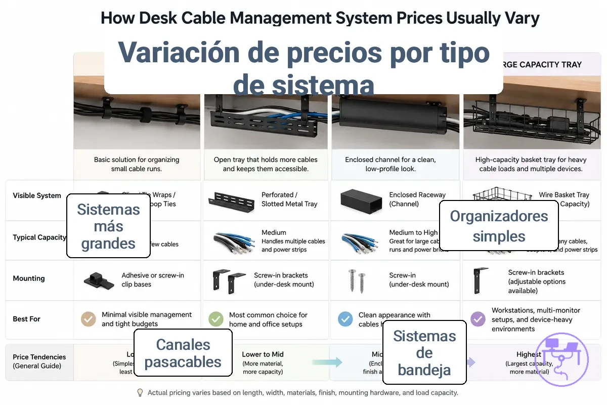 Variación de precios de sistemas de gestión de cables para escritorio mostrada mediante clips, bandejas, canaletas y organizadores de cables más grandes