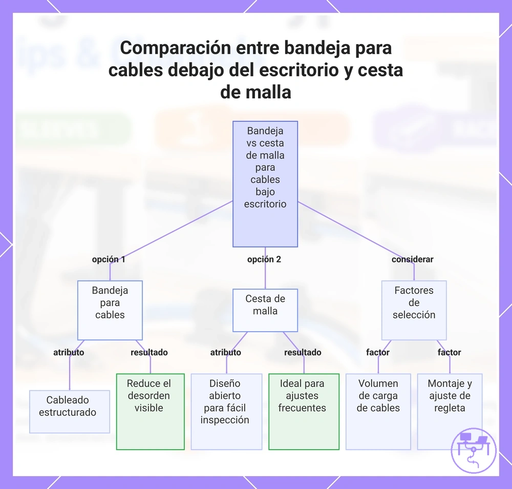 Comparación entre bandeja para cables debajo del escritorio y cesta de malla