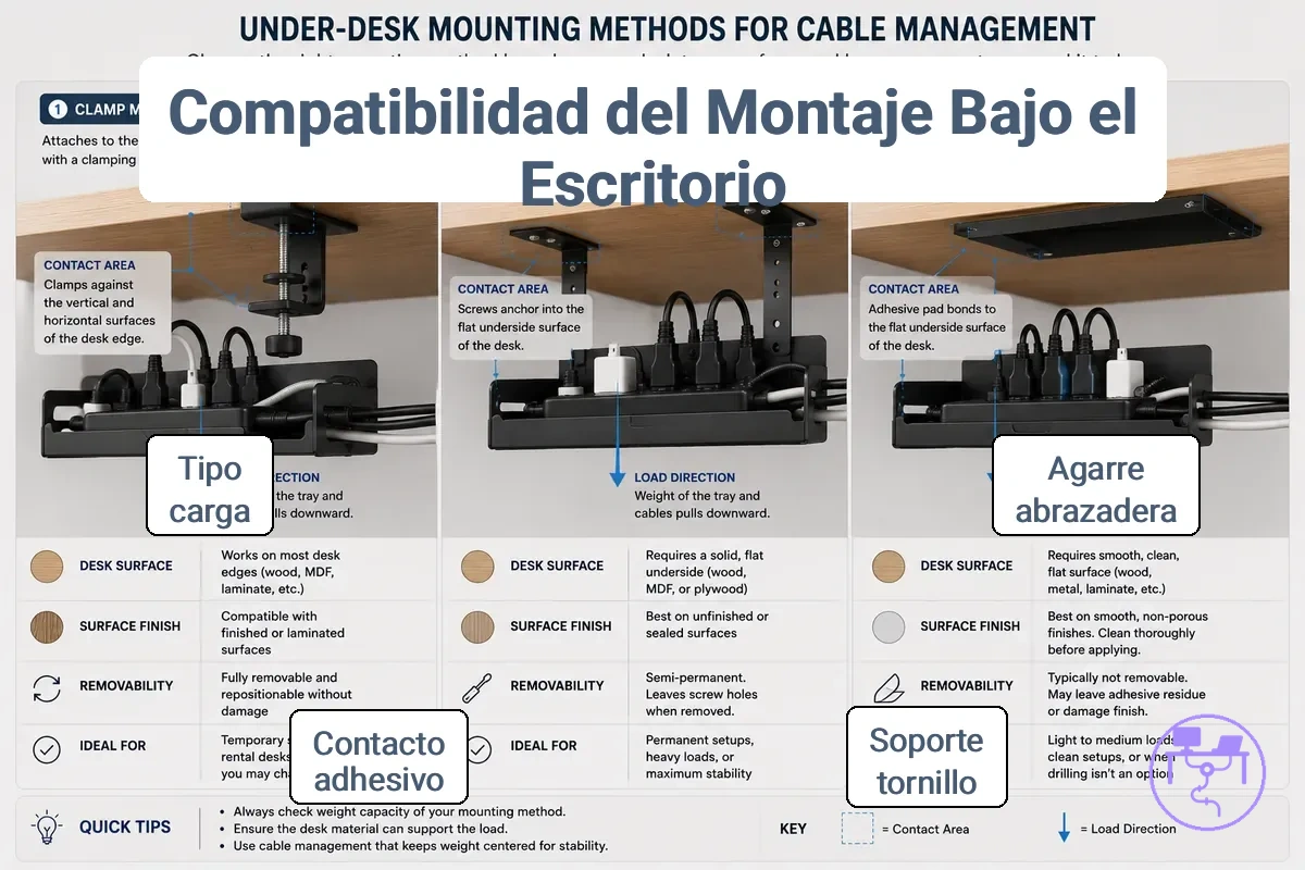 Comparación de métodos de montaje con abrazadera, tornillo y adhesivo debajo de un escritorio