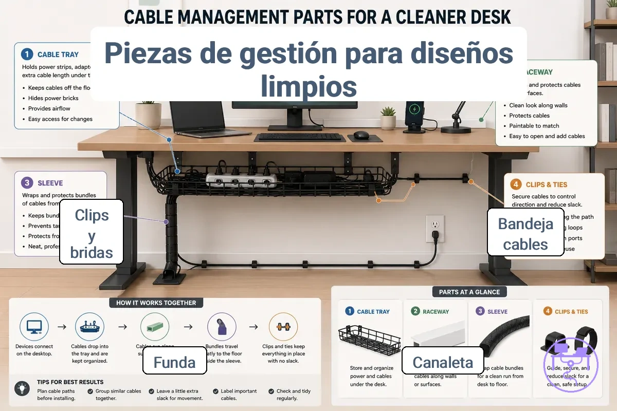 Componentes de gestión de cables utilizados para agrupar, ocultar, dirigir y fijar cables