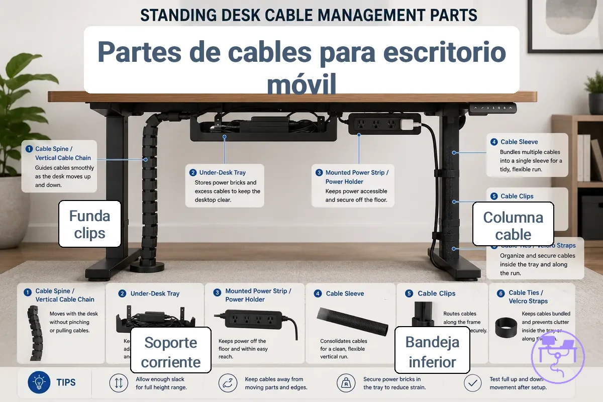 componentes de gestión de cables para escritorio elevable, incluyendo columna vertebral, bandeja, funda y clips