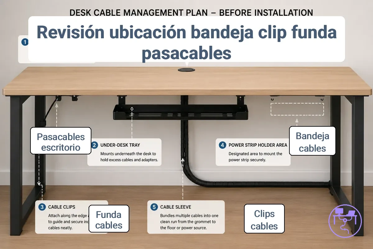 Comprobaciones de colocación de bandejas, bridas, fundas y pasacables que muestran los componentes de gestión de cables colocados debajo y alrededor de un escritorio