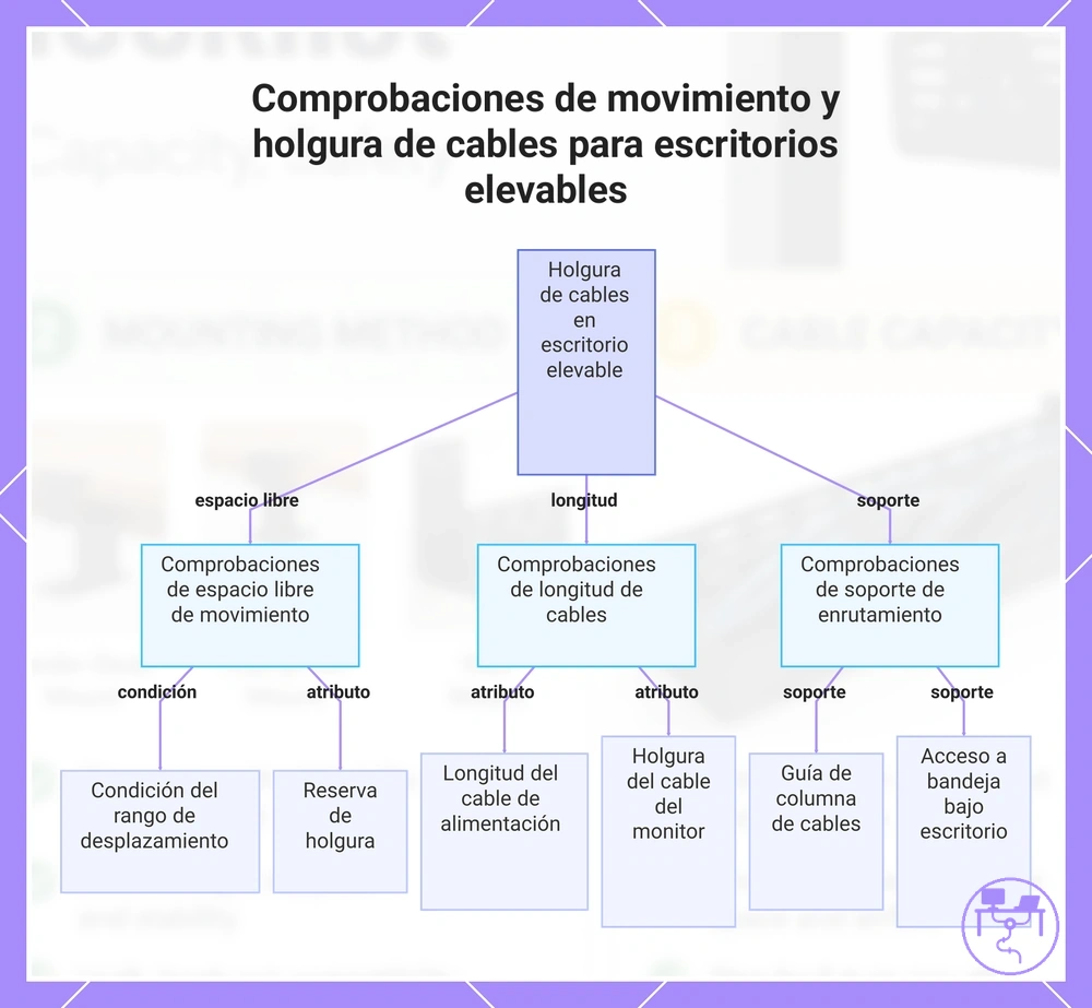 Comprobaciones de movimiento y holgura de cables para escritorios elevables