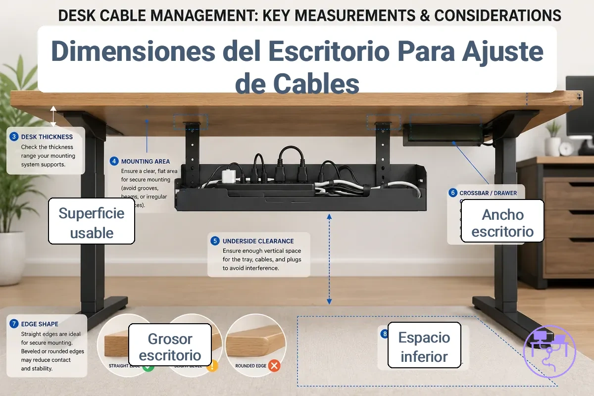 Mediciones del escritorio y área de montaje que afectan la compatibilidad del sistema de gestión de cables