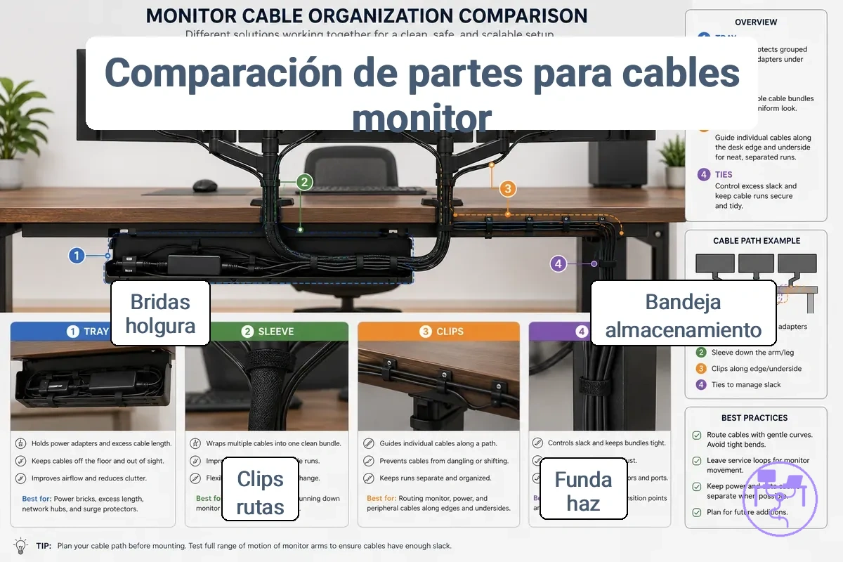 Bandejas, fundas, clips y bridas utilizados para la gestión de cables de monitor con cables agrupados, control de haces visibles y recorridos de cables separados