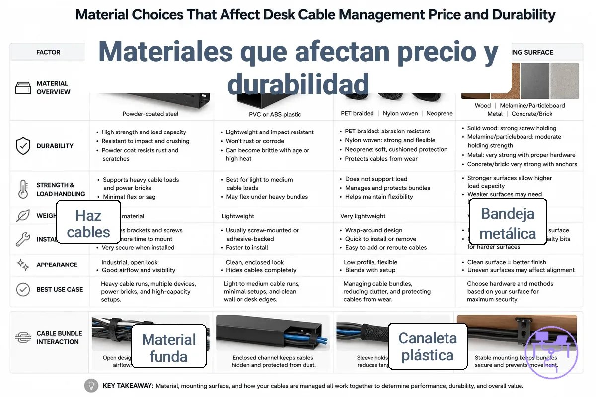 Elecciones de material para la gestión de cables de escritorio que muestran una bandeja metálica, una canaleta de plástico y diferencias en las fundas para cables