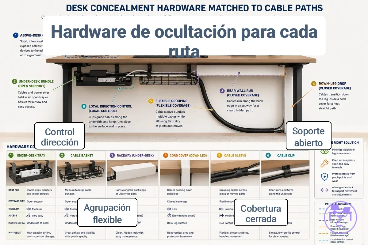 Hardware de ocultación adaptado a diferentes rutas de cables
