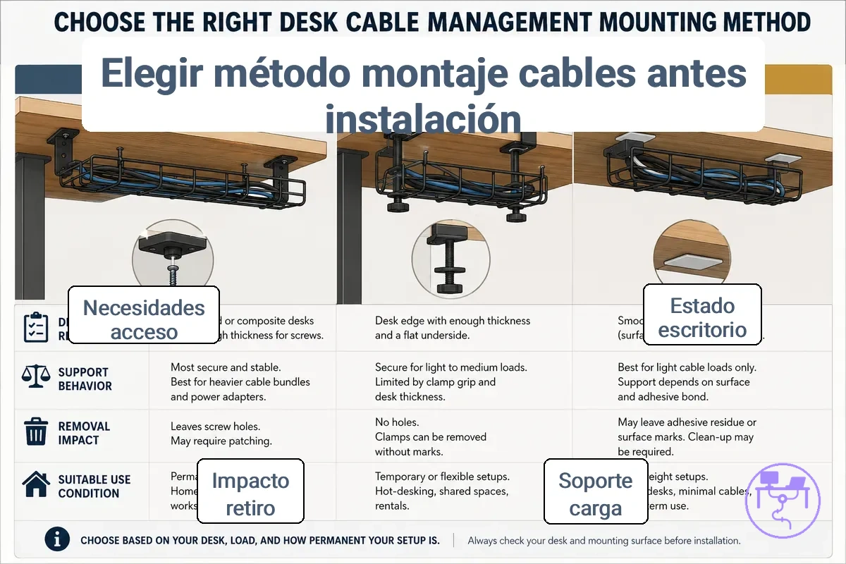 Comparación de métodos de montaje para la instalación de gestión de cables en escritorio
