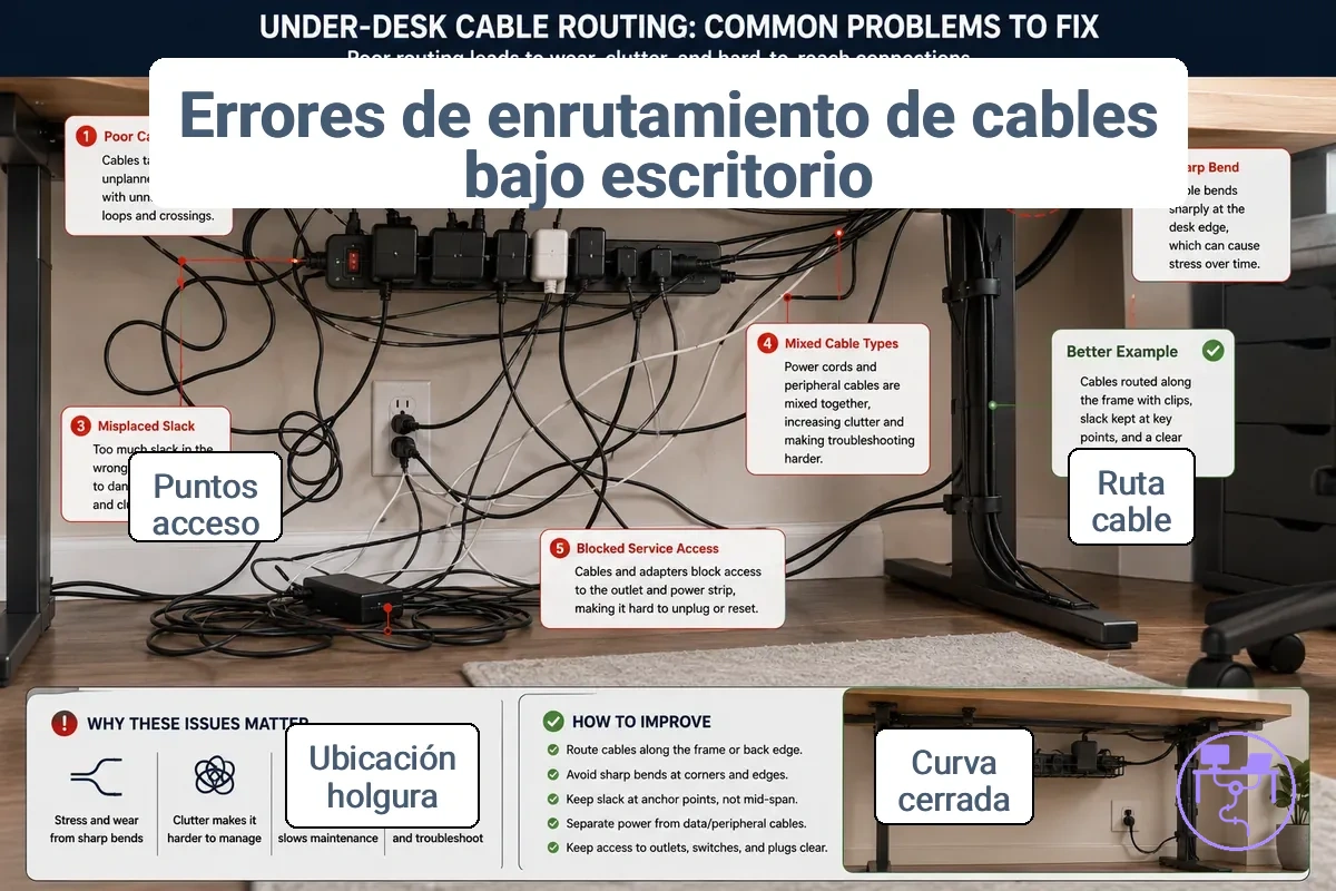Problemas de encaminamiento de cables debajo del escritorio que muestran la ruta del cable y problemas de holgura