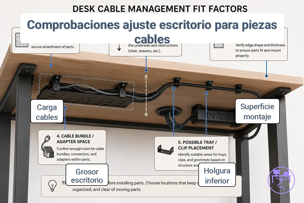 Parte inferior del escritorio anotada que muestra factores de ajuste para piezas de gestión de cables, incluyendo superficie de montaje, espacio libre, grosor y carga de cables
