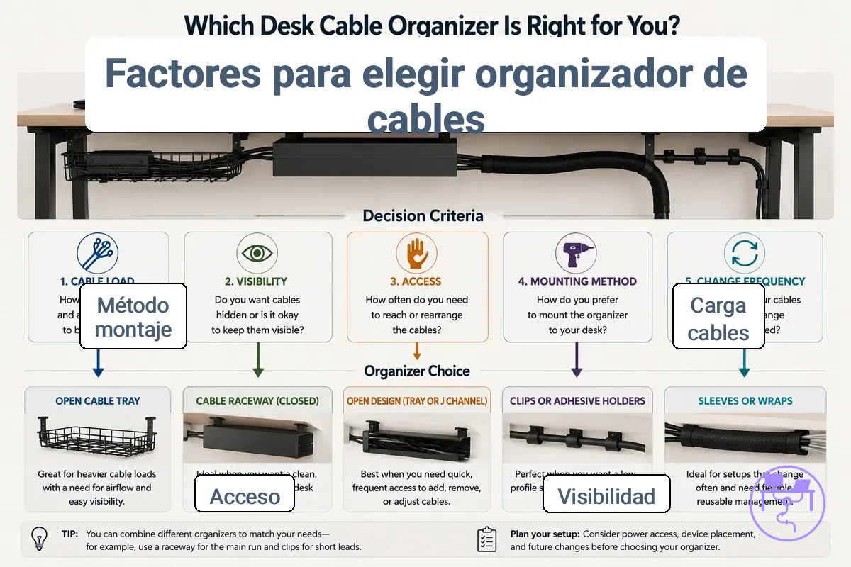 factores de comparación que cambian la mejor elección de organizador de cables para escritorio mostrados con detalles etiquetados del organizador de cables de escritorio