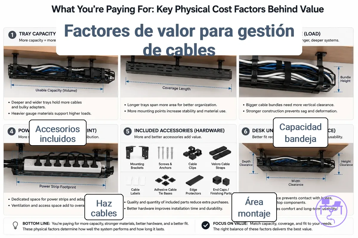 Factores de coste de sistemas de gestión de cables para escritorio etiquetados por carga de cables, método de montaje, capacidad de bandeja y cobertura de accesorios