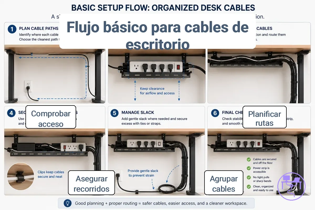 Flujo de configuración básica que muestra cables de escritorio agrupados y encaminados bajo una estación de trabajo.