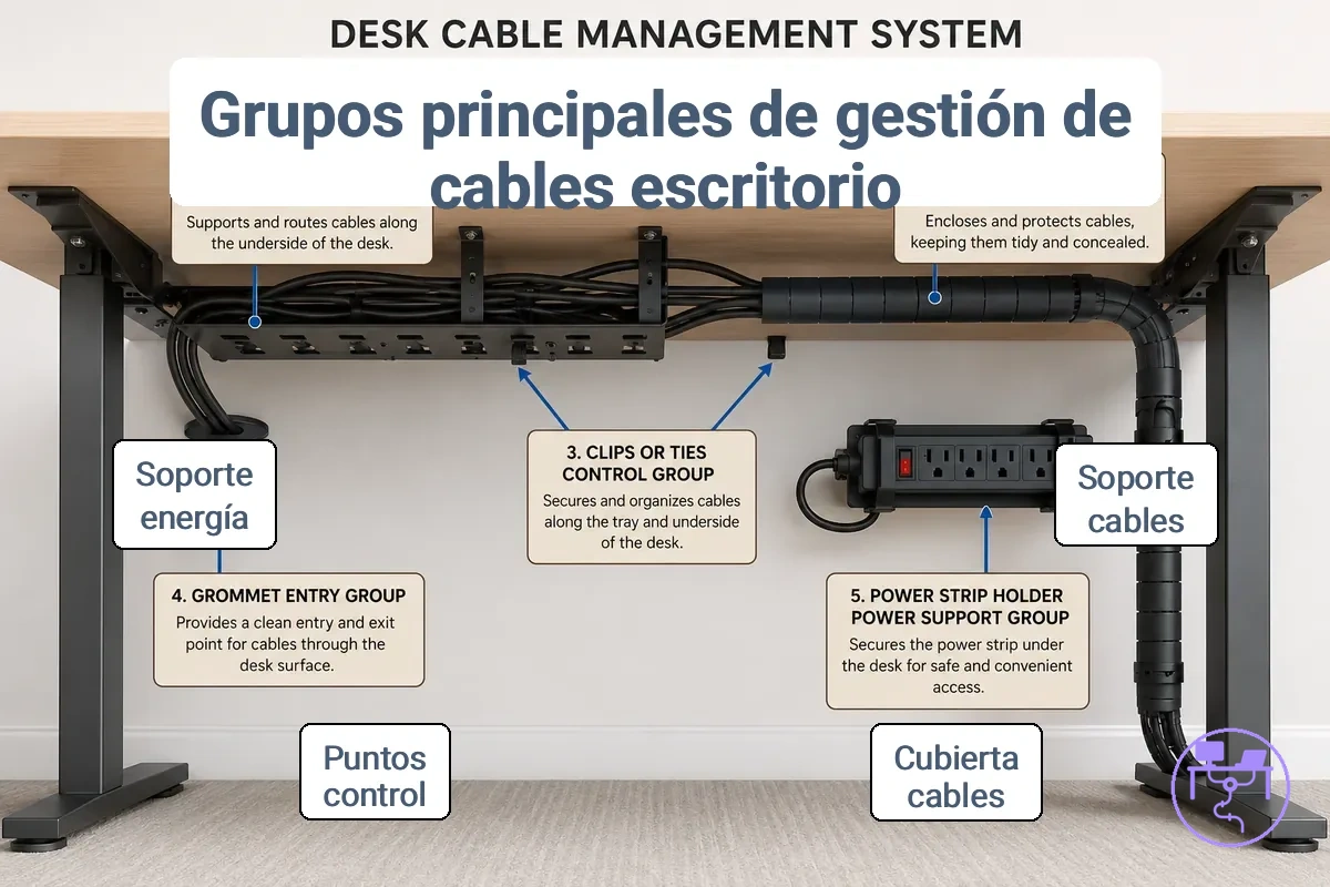 Diagrama de los grupos principales de piezas de un sistema de gestión de cables para escritorio que incluye bandeja, canaleta, manguito, clips, pasacables y soporte para regleta