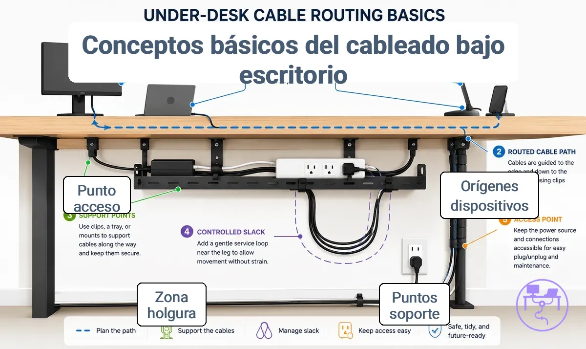 Diagrama de la ruta de guiado de cables por debajo del escritorio con puntos de soporte y área de holgura