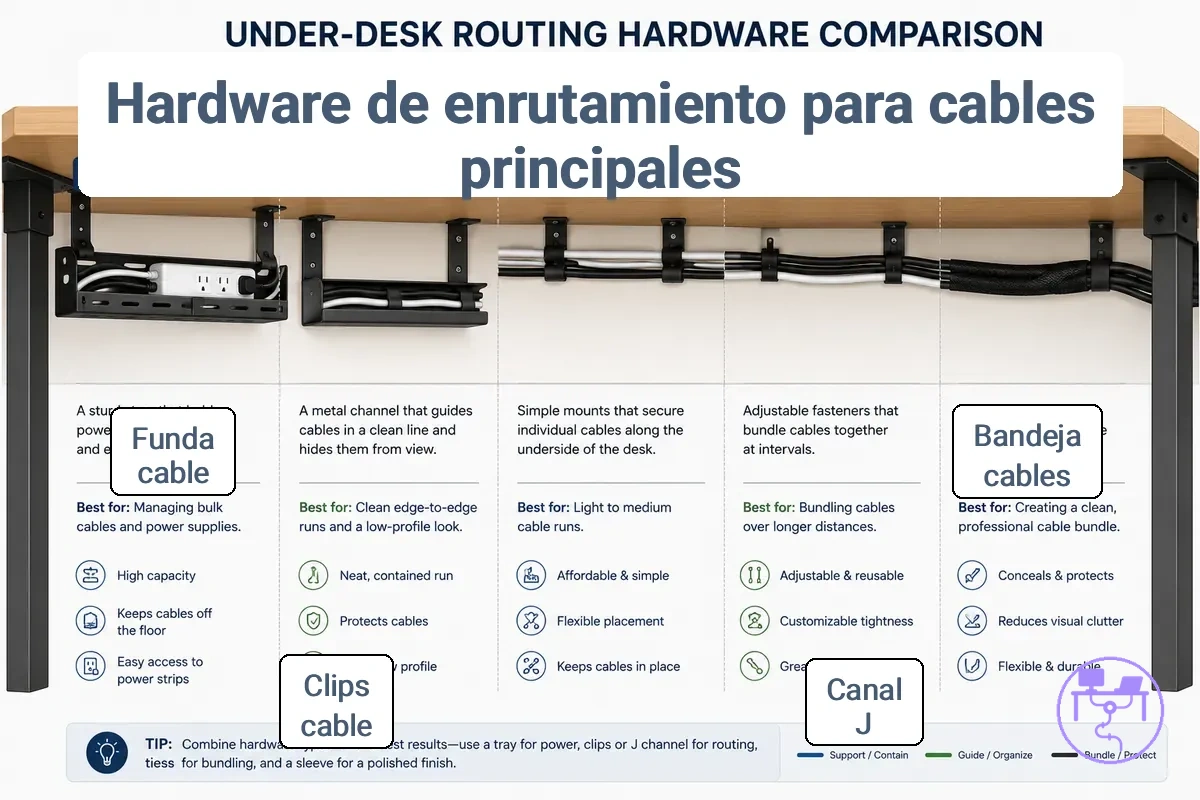 Comparación de bandeja para cables, canal J, clips, bridas y funda para el guiado de cables por debajo del escritorio