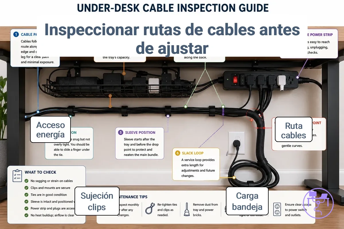 ruta de cables debajo del escritorio anotada que muestra carga de la bandeja, pinzas para cables, holgura, presión de curvatura y acceso a la regleta
