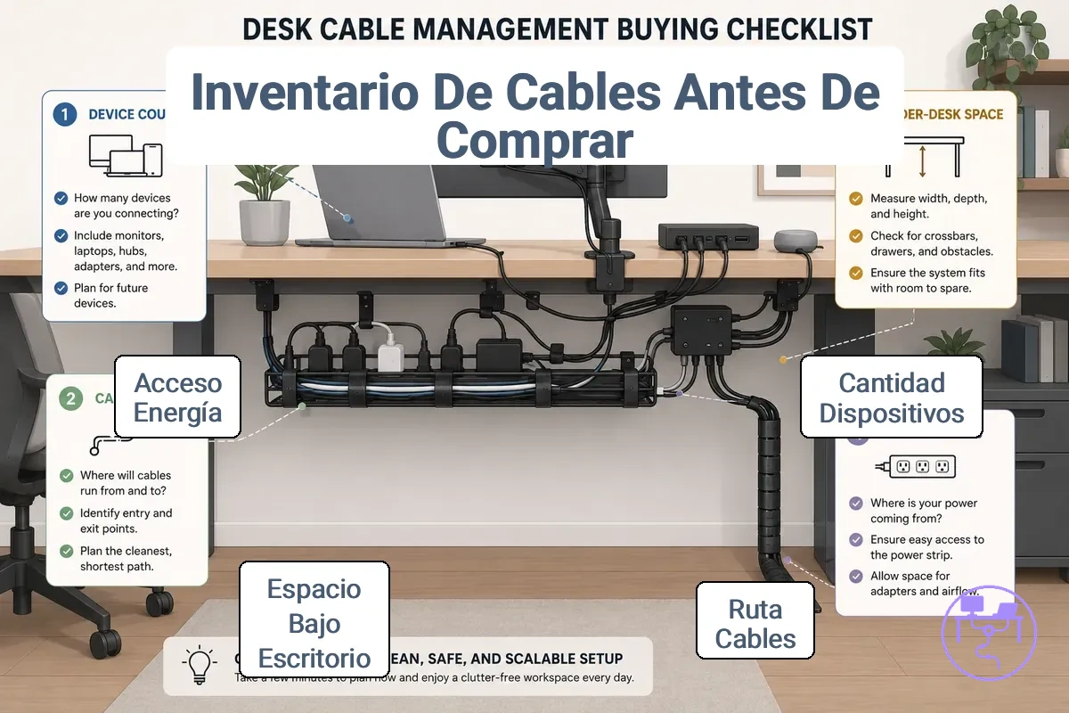 Revisión de la configuración del escritorio para el enrutamiento de cables y la planificación del equipo
