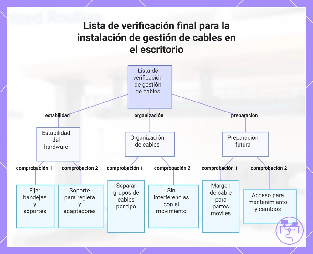Lista de verificación final para la instalación de gestión de cables en el escritorio