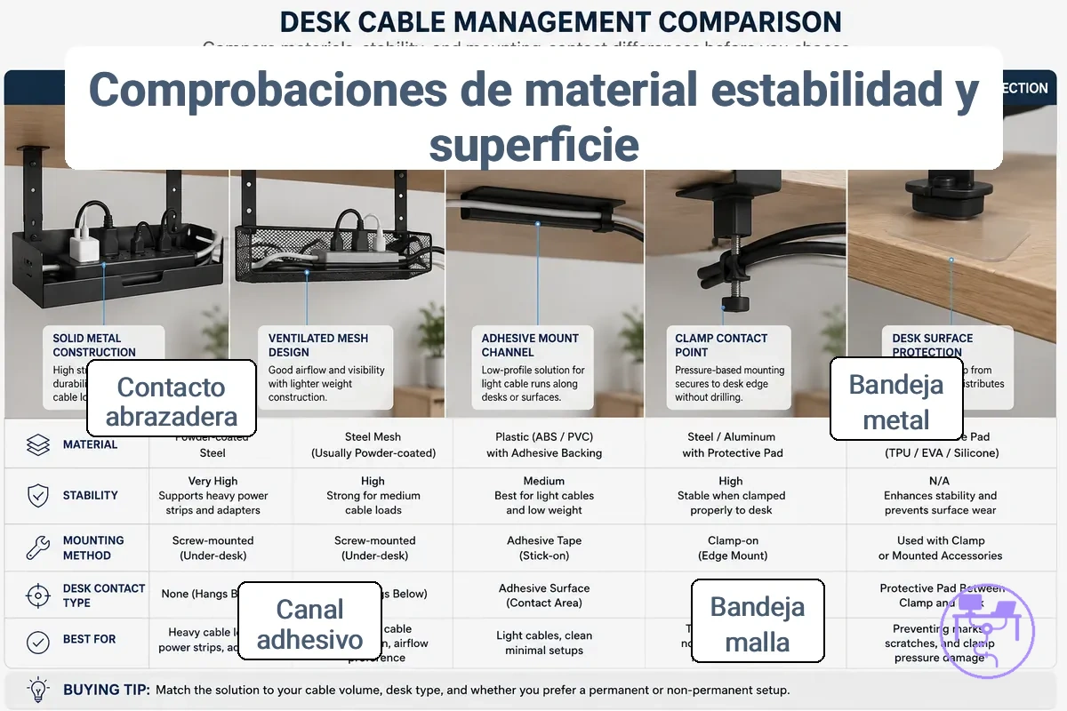 Comparación de materiales de gestión de cables para escritorio y puntos de contacto de montaje para estabilidad y protección de la superficie.