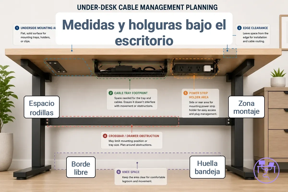 Mediciones de la parte inferior del escritorio y comprobaciones del espacio libre que muestran el área de montaje, la huella de la bandeja, el espacio en el borde y las obstrucciones